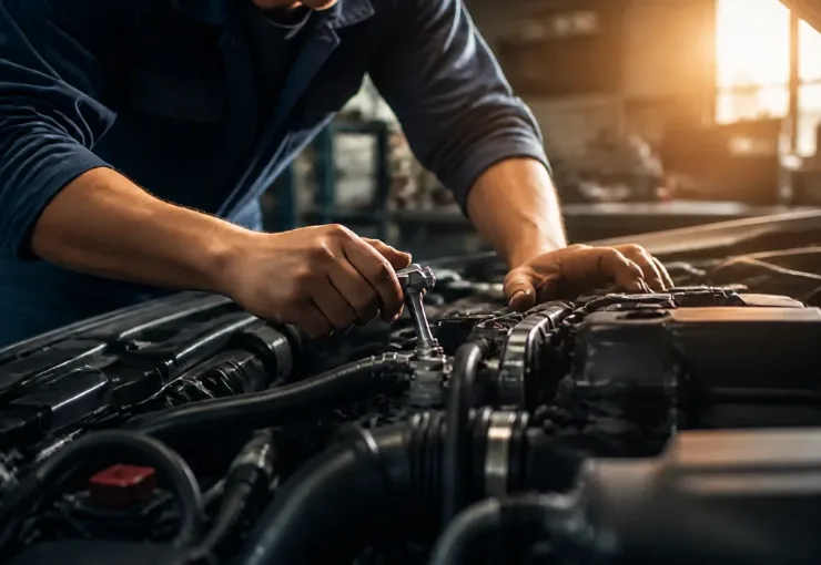 Mecânico trabalhando no motor de um carro na BOX688